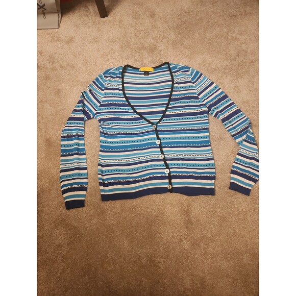 St. John Sweaters - St. John Women's Blue & White Striped Wool-Blend Cardigan Size M